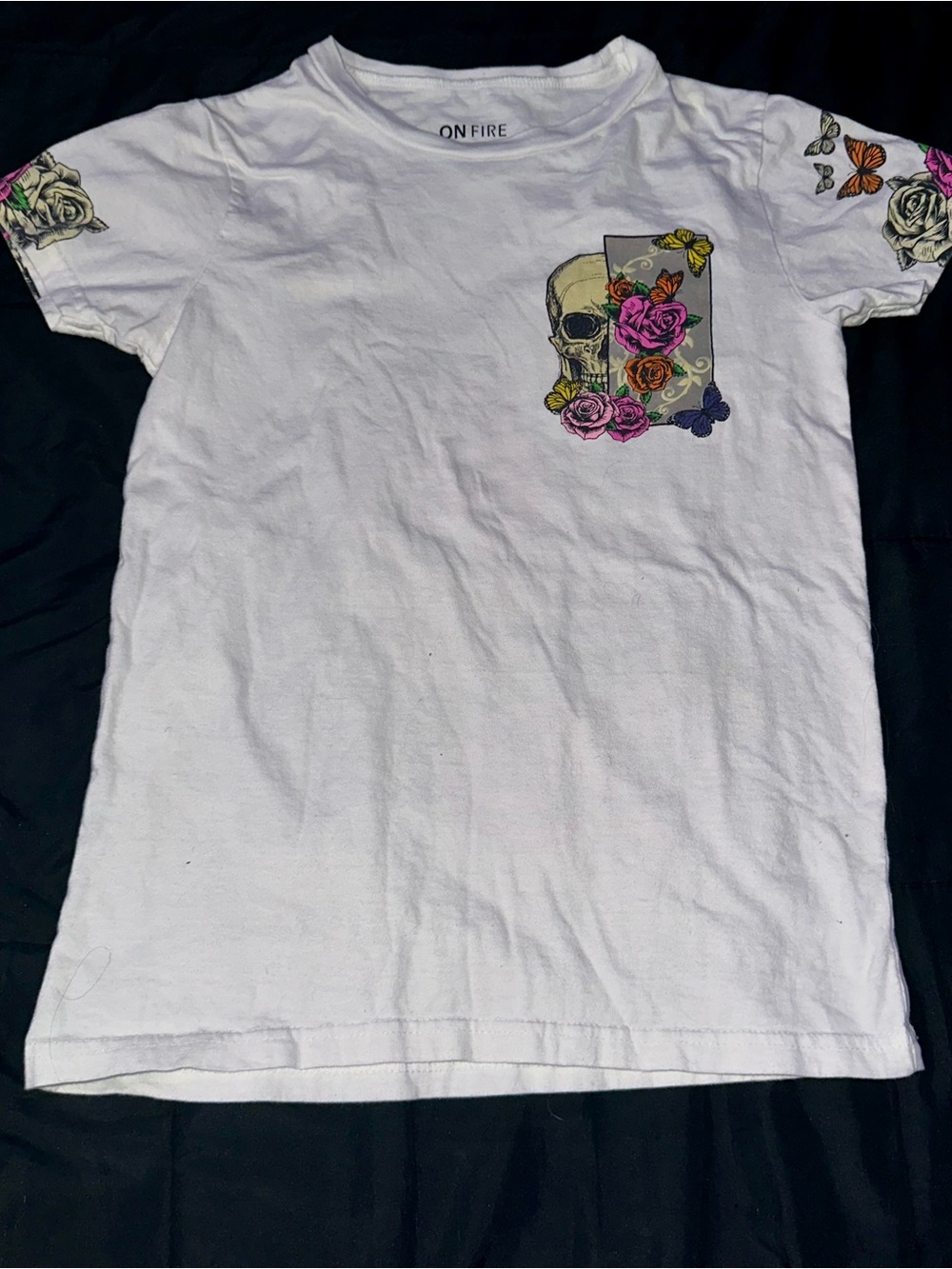 On Fire White Skull & Floral Graphic Tee